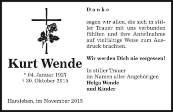 Traueranzeige von Kurt Wende  von Magdeburger Volksstimme
