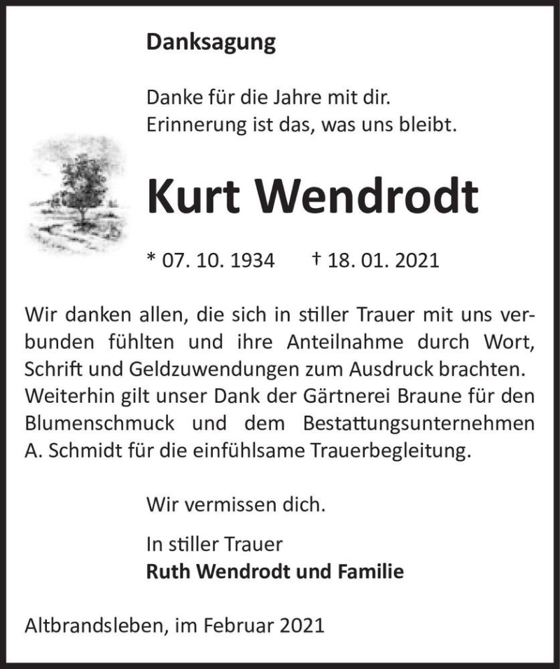  Traueranzeige für Kurt Wendrodt  vom 13.02.2021 aus Magdeburger Volksstimme