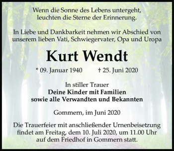 Traueranzeige von Kurt Wendt  von Magdeburger Volksstimme