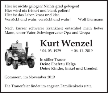 Traueranzeige von Kurt Wenzel  von Magdeburger Volksstimme