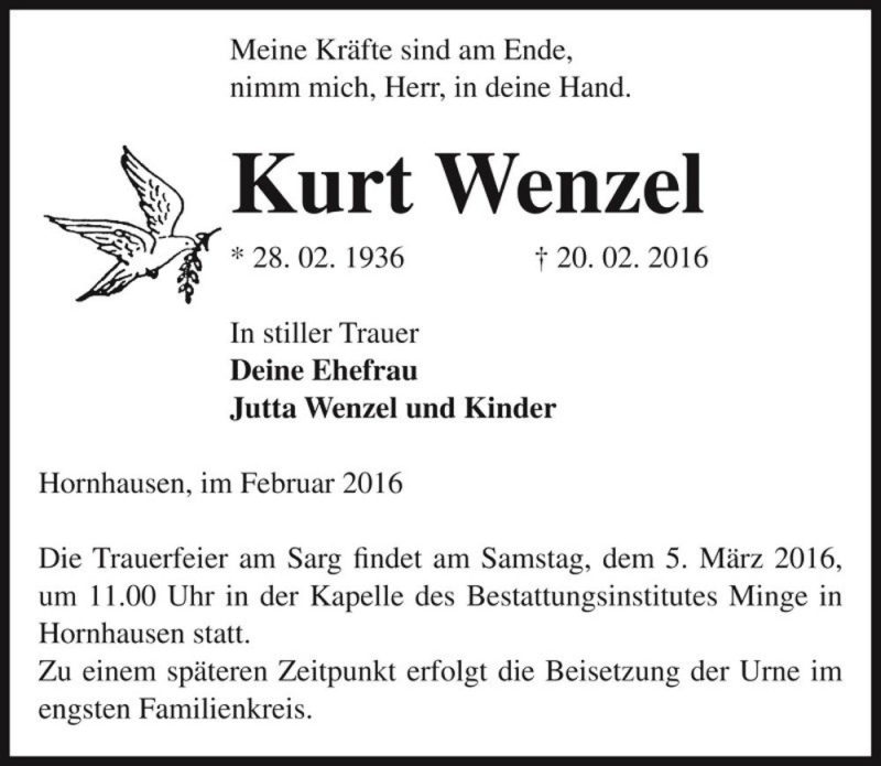  Traueranzeige für Kurt Wenzel  vom 27.02.2016 aus Magdeburger Volksstimme