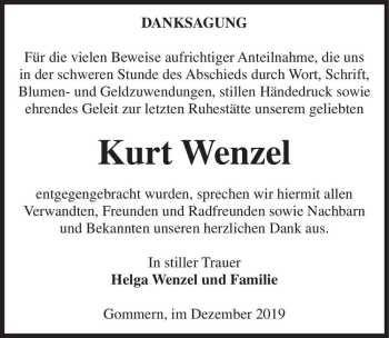 Traueranzeige von Kurt Wenzel  von Magdeburger Volksstimme