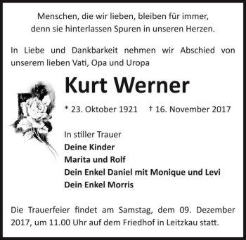 Traueranzeige von Kurt Werner  von Magdeburger Volksstimme