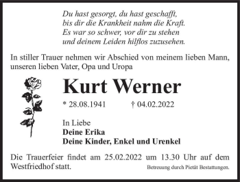 Traueranzeige von Kurt Werner  von Magdeburger Volksstimme