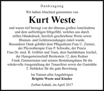 Traueranzeige von Kurt Weste  von Magdeburger Volksstimme
