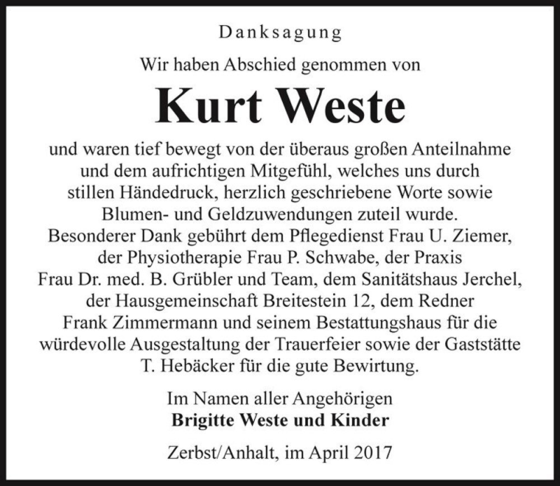  Traueranzeige für Kurt Weste  vom 08.04.2017 aus Magdeburger Volksstimme