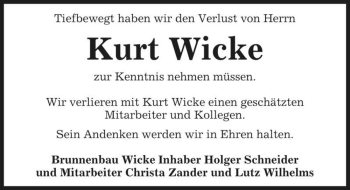Traueranzeige von Kurt Wicke  von Magdeburger Volksstimme