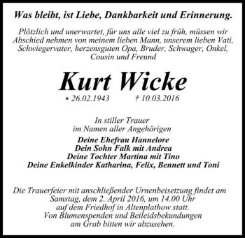 Traueranzeige von Kurt Wicke  von Magdeburger Volksstimme