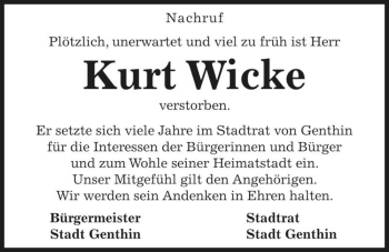 Traueranzeige von Kurt Wicke  von Magdeburger Volksstimme