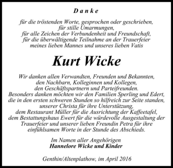 Traueranzeige von Kurt Wicke  von Magdeburger Volksstimme