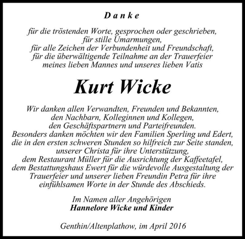  Traueranzeige für Kurt Wicke  vom 09.04.2016 aus Magdeburger Volksstimme