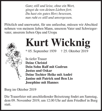 Traueranzeige von Kurt Wicknig  von Magdeburger Volksstimme