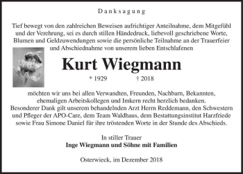 Traueranzeige von Kurt Wiegmann  von Magdeburger Volksstimme