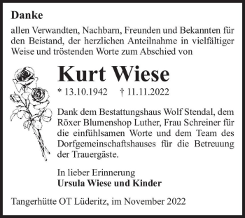 Traueranzeige von Kurt Wiese  von Magdeburger Volksstimme