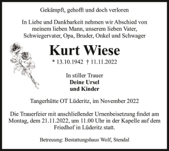 Traueranzeige von Kurt Wiese  von Magdeburger Volksstimme