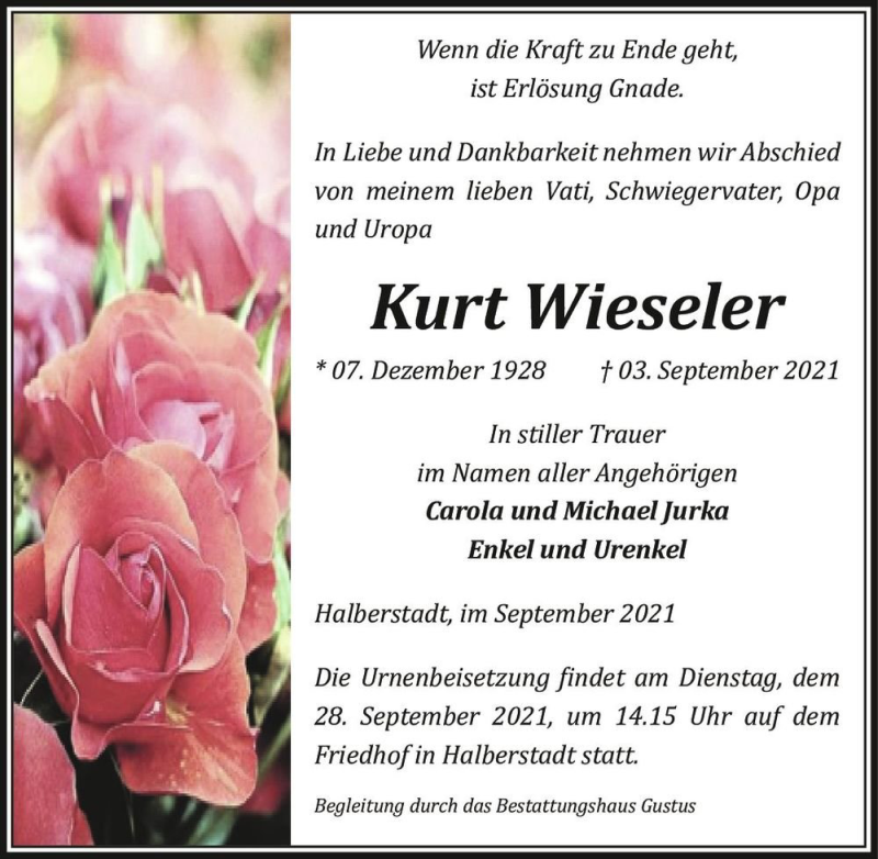  Traueranzeige für Kurt Wieseler  vom 11.09.2021 aus Magdeburger Volksstimme