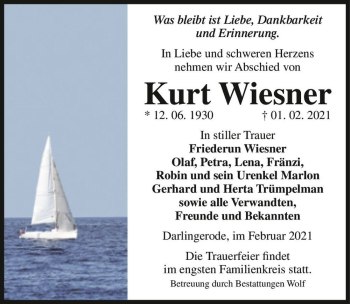 Traueranzeige von Kurt Wiesner  von Magdeburger Volksstimme