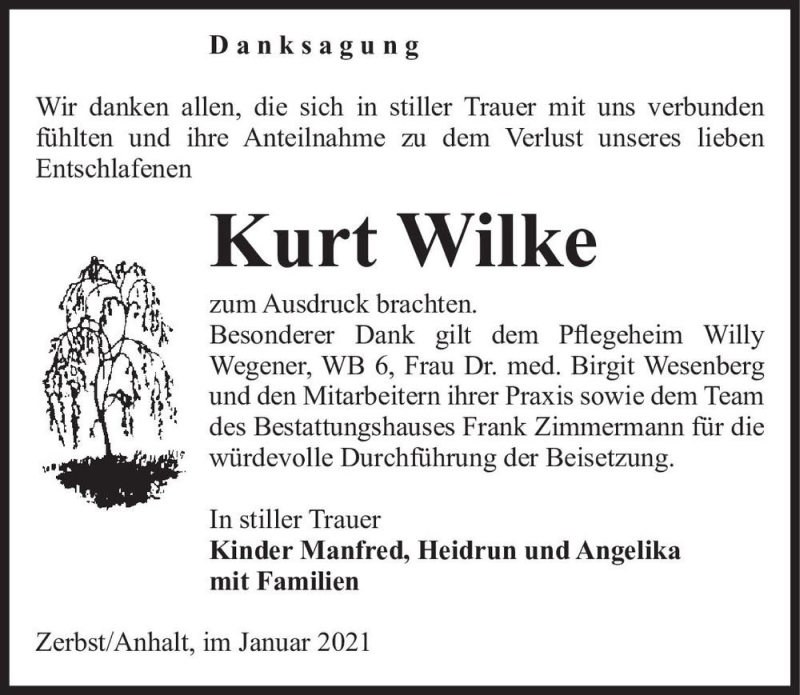  Traueranzeige für Kurt Wilke  vom 30.01.2021 aus Magdeburger Volksstimme