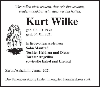 Traueranzeige von Kurt Wilke  von Magdeburger Volksstimme