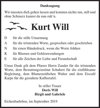 Traueranzeige von Kurt Will  von Magdeburger Volksstimme