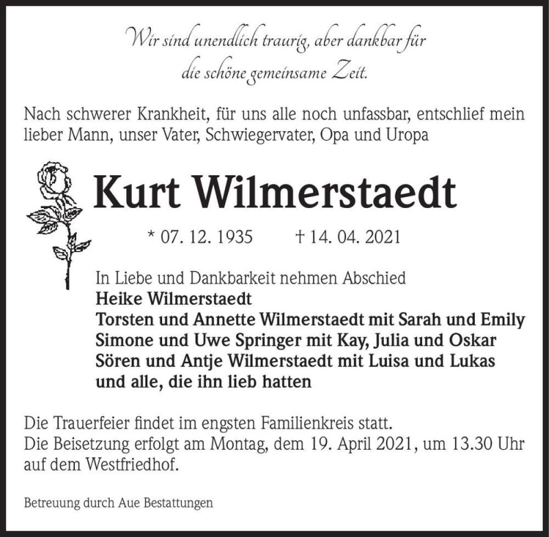  Traueranzeige für Kurt Wilmerstaedt  vom 17.04.2021 aus Magdeburger Volksstimme