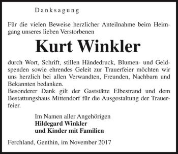 Traueranzeige von Kurt Winkler  von Magdeburger Volksstimme