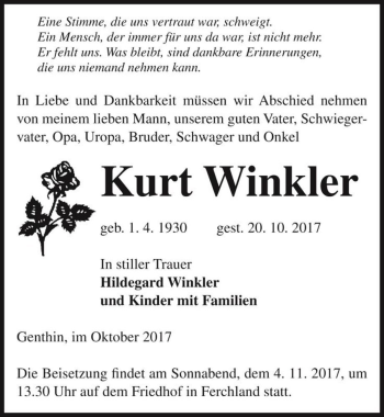 Traueranzeige von Kurt Winkler  von Magdeburger Volksstimme