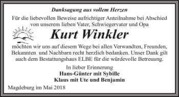 Traueranzeige von Kurt Winkler  von Magdeburger Volksstimme
