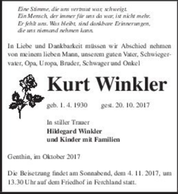 Traueranzeige von Kurt Winkler  von Magdeburger Volksstimme