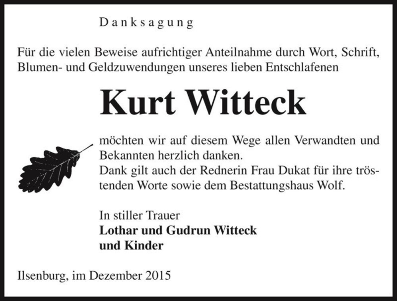  Traueranzeige für Kurt Witteck  vom 14.12.2015 aus Magdeburger Volksstimme