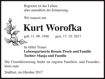 Traueranzeige von Kurt Worofka  von Magdeburger Volksstimme