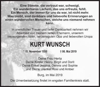 Traueranzeige von Kurt Wunsch  von Magdeburger Volksstimme