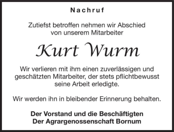 Traueranzeige von Kurt Wurm  von Magdeburger Volksstimme