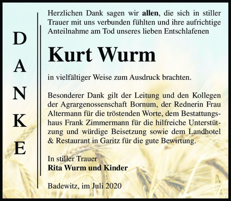  Traueranzeige für Kurt Wurm  vom 01.08.2020 aus Magdeburger Volksstimme