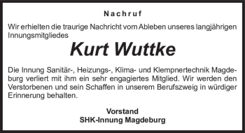 Traueranzeige von Kurt Wuttke  von Magdeburger Volksstimme
