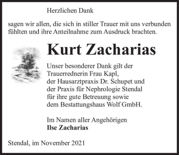 Traueranzeige von Kurt Zacharias  von Magdeburger Volksstimme