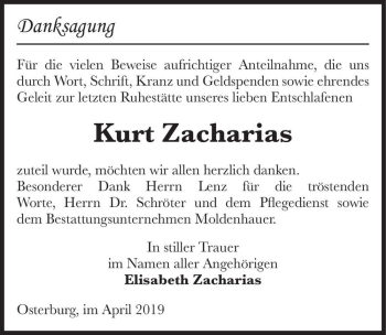 Traueranzeige von Kurt Zacharias  von Magdeburger Volksstimme
