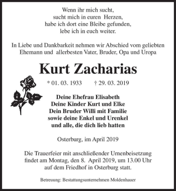 Traueranzeige von Kurt Zacharias  von Magdeburger Volksstimme