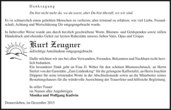 Traueranzeige von Kurt Zeugner  von Magdeburger Volksstimme