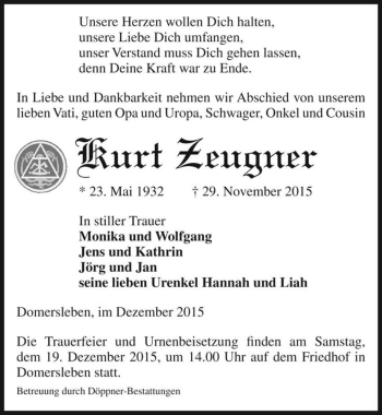 Traueranzeige von Kurt Zeugner  von Magdeburger Volksstimme