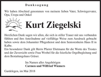 Traueranzeige von Kurt Ziegelski  von Magdeburger Volksstimme