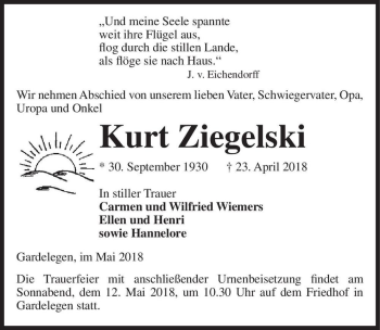 Traueranzeige von Kurt Ziegelski  von Magdeburger Volksstimme