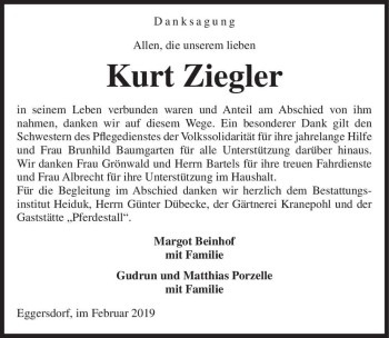 Traueranzeige von Kurt Ziegler  von Magdeburger Volksstimme