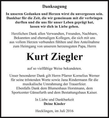 Traueranzeige von Kurt Ziegler  von Magdeburger Volksstimme