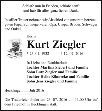 Traueranzeige von Kurt Ziegler  von Magdeburger Volksstimme