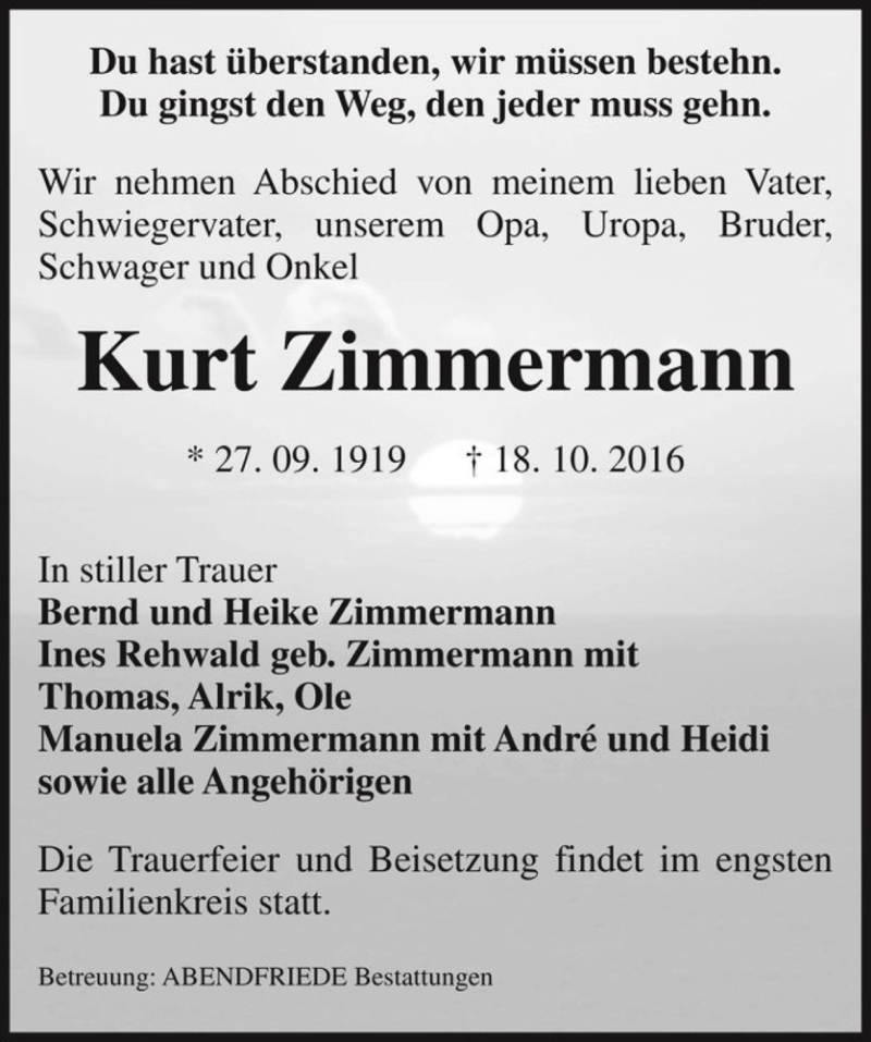  Traueranzeige für Kurt Zimmermann  vom 22.10.2016 aus Magdeburger Volksstimme