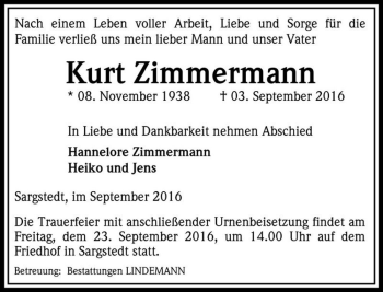 Traueranzeige von Kurt Zimmermann  von Magdeburger Volksstimme