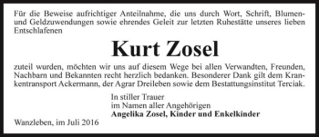 Traueranzeige von Kurt Zosel  von Magdeburger Volksstimme