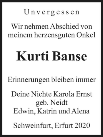 Traueranzeige von Kurti Banse  von Magdeburger Volksstimme