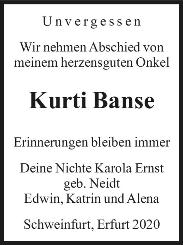  Traueranzeige für Kurti Banse  vom 09.01.2021 aus Magdeburger Volksstimme